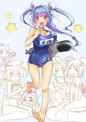  &gt;_&lt; 6+girls :d =_= ? ahoge aircraft airplane ass_visible_through_thighs bandaid bare_legs barefoot baywatch blue_hair blush book bouncing_breasts breast_envy breast_hold breasts character_name closed_eyes commentary_request covered_nipples diving_mask diving_mask_on_head feet glasses goggles goggles_on_head hair_ribbon hat highres holding i-168_(kancolle) i-19_(kancolle) i-401_(kancolle) i-58_(kancolle) i-8_(kancolle) jitome kantai_collection large_breasts legs long_hair maru-yu_(kancolle) multiple_girls oerba_yun_fang off_shoulder okitakung one-piece_swimsuit open_mouth pale_eye parody partially_colored red_eyes ribbon school_swimsuit seiza short_hair sitting smile soles star-shaped_pupils star_(symbol) steam swimsuit symbol-shaped_pupils tears toes torn_clothes torpedo twintails wariza 