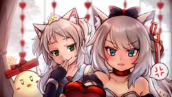  2girls ahoge anger_vein animal_ear_fluff animal_ears azur_lane bare_shoulders black_bow black_bowtie black_gloves black_jacket blue_eyes blurry blush blush_stickers bow bowtie box breasts cat_ears collar collarbone commentary covering_own_mouth curtains day depth_of_field detached_sleeves dress elbow_gloves extra_ears gift gift_box giving gloves green_eyes hair_ribbon hairbow hammann_(azur_lane) hammann_(retrofit)_(azur_lane) hand_to_own_mouth heart heart-shaped_box highres holding holding_gift hood hood_down hooded_jacket hoodie indoors jacket looking_at_another looking_at_viewer manjuu_(azur_lane) miya_(miyaruta) multiple_girls open_clothes open_jacket puffy_short_sleeves puffy_sleeves red_bow red_bowtie red_collar red_ribbon ribbon short_sleeves sidelocks sims_(azur_lane) sleeveless sleeveless_dress small_breasts smug spoken_anger_vein strapless strapless_dress two_side_up unzipped valentine wavy_mouth white_hair white_hoodie window zipper 