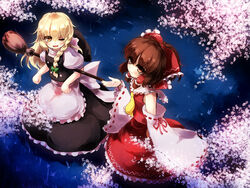  2girls apron ascot bare_shoulders black_dress blonde_hair bow braid broom brown_eyes brown_hair cherry_blossoms commentary_request detached_sleeves dress gengetsu_chihiro grass hair_tubes hairbow hakurei_reimu hat highres kirisame_marisa long_sleeves moonlight multiple_girls night one_eye_closed open_mouth petals puffy_sleeves red_dress short_sleeves single_braid smile touhou tree unworn_hat unworn_headwear waist_apron wide_sleeves yellow_eyes 