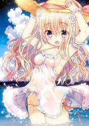  amanatsu_purin_(yadapot) arm_garter arms_up bad_id bad_pixiv_id bare_arms bare_shoulders blonde_hair blue_sky blush bow breasts cleavage cloud cloudy_sky commentary_request cowboy_shot day dress female flower hair_between_eyes hair_flower hair_ornament hands_on_headwear hat hat_bow horizon long_hair looking_at_viewer low-cut_armhole medium_breasts no_bra ocean oerba_yun_fang open_mouth original outdoors panties pink_panties purple_eyes red_bow see-through side-tie_panties sideboob sky sleeveless sleeveless_dress solo straw_hat underwear very_long_hair water wet wet_clothes wet_dress white_dress white_flower wrist_cuffs yadapot 