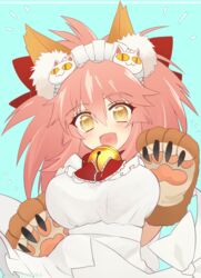  animal_ear_fluff animal_ears animal_hands apron bell blue_background blush breasts cat_hair_ornament cat_paws collar commentary_request eyes_visible_through_hair fangs fate/grand_order fate_(series) female fox_ears fox_girl gloves hair_ornament hair_ribbon heart heart_in_mouth highres jingle_bell large_breasts long_hair looking_at_viewer maid_headdress naked_apron neck_bell open_mouth paw_gloves pink_hair ponytail red_ribbon ribbon simple_background solo suzukimadaka tamamo_(fate) tamamo_cat_(fate) tamamo_cat_(third_ascension)_(fate) yellow_eyes 