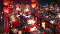  2girls :o animal architecture b_rock bad_id bad_pixiv_id blush bow braid brown_hair brown_legwear building cityscape curtains detached_sleeves dress east_asian_architecture flower hairbow holding holding_flower lantern long_hair looking_at_viewer multiple_girls night open_mouth original outdoors red_eyes siblings side-by-side sitting sleeves_past_fingers sleeves_past_wrists smile thighhighs twins 