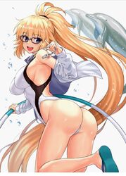  \m/ antenna_hair arched_back armpit_crease ass back bare_legs bare_shoulders black-framed_eyewear blonde_hair blue_eyes blue_footwear blush breasts commentary_request competition_swimsuit dolphin fate/grand_order fate_(series) female flip-flops from_side glasses groin hair_between_eyes hair_tie hand_up happy high_ponytail highleg highleg_swimsuit holding hoop impossible_clothes impossible_swimsuit jacket jeanne_d&#039;arc_(fate) jeanne_d&#039;arc_(swimsuit_archer)_(fate) jeanne_d&#039;arc_(swimsuit_archer)_(second_ascension)_(fate) large_breasts leaning_forward leg_lift long_hair long_sleeves looking_at_viewer looking_back looking_to_the_side npcpepper off_shoulder one-piece_swimsuit one-piece_thong open_clothes open_jacket open_mouth outstretched_arm ponytail round_teeth sandals sideboob sidelocks simple_background sleeves_past_wrists smile solo standing standing_on_one_leg swimsuit teeth thighs thong upper_teeth_only very_long_hair water_drop whistle whistle_around_neck white_jacket white_one-piece_swimsuit 