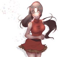  belt blush brown_hair closed_eyes commentary_request dress female fire_emblem fire_emblem:_thracia_776 highres kazaki_sera lara_(fire_emblem) long_hair ponytail simple_background solo teeth upper_body white_background 