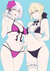  2girls absurdres artoria_pendragon_(alter_swimsuit_rider)_(fate) artoria_pendragon_(alter_swimsuit_rider)_(second_ascension)_(fate) artoria_pendragon_(fate) ass_visible_through_thighs bikini black_bikini blonde_hair braid breasts bridal_garter commentary_request fate/grand_order fate_(series) flat_color flower food french_braid frilled_bikini frills hair_flower hair_ornament highres jeanne_d&#039;arc_alter_(avenger)_(fate) jeanne_d&#039;arc_alter_(fate) kusahagane maid_headdress medium_breasts multi-strapped_bikini multiple_girls popsicle short_hair simple_background swimsuit white_hair yellow_eyes 