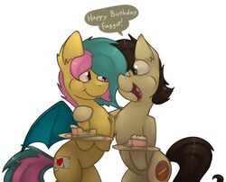  2016 ambiguous_gender birthday cake dessert dialogue duo english_text equid equine fan_character feral food hasbro hi_res horse mammal marsminer my_little_pony phyra pone_keith pony simple_background text white_background 