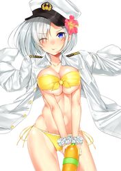  ;p bad_id bad_pixiv_id bikini blue_eyes breasts cowboy_shot female flower grey_hair hair_flower hair_ornament hair_over_one_eye hairclip hamakaze_(kancolle) hat kantai_collection large_breasts military military_hat military_uniform naval_uniform nezumidoshi one_eye_closed school_uniform serafuku short_hair simple_background solo swimsuit tongue tongue_out uniform water_gun 