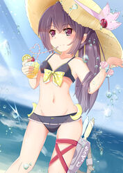  absurdres bare_arms bare_shoulders bikini black_bikini blush bow bow_bikini breasts closed_mouth collarbone commentary_request crazy_straw crescent crescent_pin cup day drink drinking_glass drinking_straw female fingernails groin hair_between_eyes hand_on_headwear hat heart_straw highres holding holding_cup horizon ice ice_cube kantai_collection kisaragi_(kancolle) long_hair looking_at_viewer navel nekoyanagi_(azelsynn) ocean outdoors polka_dot polka_dot_bow ponytail purple_eyes purple_hair seashell seashell_bracelet shell small_breasts smile solo sparkle standing straw_hat swimsuit thigh_strap tupet very_long_hair water water_drop yellow_bow 