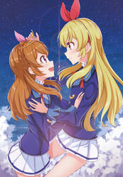  2girls :d aikatsu! aikatsu!_(series) bad_id bad_pixiv_id blazer blonde_hair blue_jacket blush braid brown_hair closed_mouth cloud commentary_request eye_contact hair_ribbon highres hoshimiya_ichigo jacket long_hair looking_at_another multiple_girls night night_sky open_mouth outdoors ozora_akari pink_ribbon pleated_skirt profile purple_eyes red_ribbon ribbon round_teeth rurukuru school_uniform shirt skirt sky smile star_(sky) starlight_academy_school_uniform starry_sky teeth tiara upper_teeth_only very_long_hair white_shirt yuri 