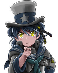  admiral_paru aqua_neckerchief black_ribbon blue_hair blue_sailor_collar commentary_request cosplay double_bun female hair_bun hand_on_own_hip hat hat_ribbon highres kantai_collection long_sleeves looking_at_viewer name_connection neckerchief pointing ribbon sailor_collar samuel_b._roberts_(kancolle) school_uniform serafuku shirt short_hair simple_background sleeve_cuffs solo top_hat twitter_username uncle_sam uncle_sam_(cosplay) uncle_sam_tophat white_background white_shirt yellow_eyes 