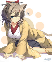  3; absurdres all_fours animal_ears blue_eyes blush bow breasts brown_hair cat_ears cat_tail commentary drill_hair feet_out_of_frame female hair_between_eyes hairbow haori hatakaze_(kancolle) high_ponytail highres japanese_clothes kantai_collection kemonomimi_mode kimono large_breasts one_eye_closed red_bow sheita short_ponytail sleepy solo tail v-shaped_eyebrows white_kimono 