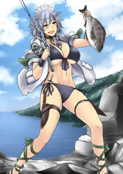  alternate_costume ankle_lace-up bikini black_bikini blush braid breasts choker cleavage commentary_request cookie_(touhou) cross-laced_footwear female fish fishing_rod front-tie_top genpatsu_(cookie) grey_hair groin izayoi_sakuya knife lake large_breasts maid_headdress meme navel open_mouth outdoors red_eyes ribbon_choker shiny_skin side-tie_bikini_bottom smile solo swimsuit thigh_strap tobisawa touhou tsurikichi_obasan twin_braids wet 