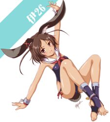  animal_ears armpits arms_up ass azur_lane bracer brown_eyes brown_hair commentary_request dark-skinned_female dark_skin detached_collar feet female highres i-26_(azur_lane) legs mizushiro_takuya one-piece_swimsuit open_mouth outstretched_arms rabbit_ears rabbit_tail sailor_collar school_swimsuit short_hair smile solo spread_arms stirrup_legwear strapless strapless_one-piece_swimsuit swimsuit tail toeless_legwear toes 