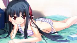  beach bikini black_hair blush butt_crack female frills head_rest kirigaya_hasuka long_hair lying noritama_(gozen) on_stomach outdoors red_eyes santaful_summer smile solo striped_bikini striped_clothes swimsuit tsurime 