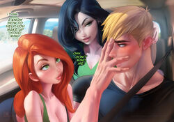  1boy 2girls belt belt_buckle big_breasts black_hair blonde_hair blush breasts cleavage dialogue disney english_text female ginger_hair green_eyes hand_on_face human kim_possible kimberly_ann_possible male multiple_girls ron_stoppable sakimichan shego short_hair sweat sweatdrop text 