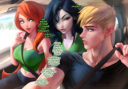  1boy 2girls belt belt_buckle big_breasts black_hair blonde_hair breasts dialogue disney english_text female ginger_hair green_eyes human kim_possible kimberly_ann_possible long_hair male multiple_girls ron_stoppable sakimichan shego short_hair sweatdrop text 