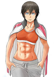  abs brown_hair dark_skin female glasses muscle muscular_female official_art saotome_senshu_hita_kakusu saotome_yae solo sports_bra stomach 