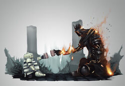  2boys armor commentary_request cup dark_souls_(series) dark_souls_iii fire full_armor helmet kajichan knight mug multiple_boys photoshop_(medium) siegward_of_catarina sitting weapon yhorm_the_giant 