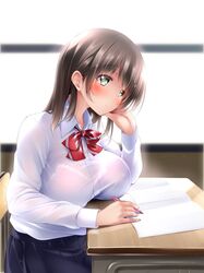  backlighting bad_id bad_twitter_id black_skirt bloom blush book bow bowtie breasts brown_hair chair desk female green_eyes head_rest highres holding holding_pen large_breasts light_smile long_sleeves looking_away midoriiro_no_shinzou original pen pleated_skirt red_bow red_bowtie school_desk school_uniform shirt sitting skirt solo upper_body white_shirt 