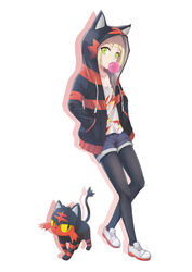  absurdres aka_(440626) animal_ears animal_hood black_legwear blonde_hair blowing_bubbles cat_ears chewing_gum collarbone cosplay denim denim_shorts female green_eyes hands_in_pockets highres hood hoodie lillie_(pokemon) litten litten_(cosplay) looking_at_viewer pantyhose pokemon pokemon_(creature) pokemon_sm shoes shorts sneakers striped_clothes striped_hoodie yellow_eyes 