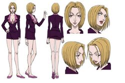  back blonde_hair breasts character_sheet cleavage female female full_body hunter_x_hunter large_breasts pakunoda short_hair smile solo 