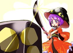  bowl bowl_hat commentary_request female food hat japanese_clothes knife mini_person minigirl object_on_head purple_eyes purple_hair shinapuu short_hair solo sukuna_shinmyoumaru touhou wagashi youkan_(food) 