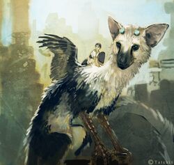  ambiguous_gender avian chimera day detailed_background duo feathered_wings feathers felid feline feral gryphon human hybrid japan_studio_(game_developer) mammal mythological_avian mythological_creature mythology nukerooster outside riding sitting sony_corporation sony_interactive_entertainment the_boy_(the_last_guardian) the_last_guardian trico_(species) trico_(the_last_guardian) wings 