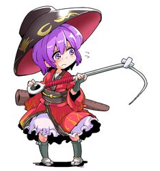  bandages bent bowl bowl_hat commentary_request crossed_bandaids female flying_sweatdrops full_body hat holding holding_needle japanese_clothes kimono needle obi object_on_head purple_eyes purple_hair red_kimono sash shinapuu short_hair simple_background solo sukuna_shinmyoumaru touhou white_background 