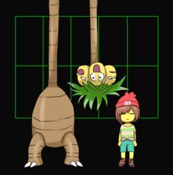  1other alolan_exeggutor androgynous bad_id bad_pixiv_id black_background brown_hair closed_eyes cosplay frisk_(undertale) lesser_dog long_neck mura_satori parody pokemon pokemon_(creature) pokemon_sm selene_(pokemon) selene_(pokemon)_(cosplay) shirt short_hair shorts stretched_neck striped_clothes striped_shirt undertale 