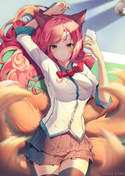  ahri animal_ears kitsune league_of_legends lee_seok_ho seifuku signed tail thighhighs 