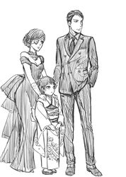  1boy 2girls breasts chrome_dokuro cleavage dress eyepatch formal full_body greyscale if_they_mated katekyo_hitman_reborn! monochrome mother_and_daughter multiple_girls rokudou_mukuro runesque short_hair suit 