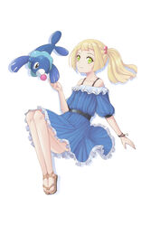  absurdres aka_(440626) bare_shoulders blonde_hair blue_dress collarbone commentary_request dress female green_eyes hair_bobbles hair_ornament highres lillie_(pokemon) looking_at_viewer pokemon pokemon_(creature) pokemon_sm popplio sandals smile spaghetti_strap white_background wristband 