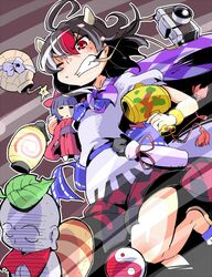  arrow_(symbol) black_hair bomb camera cape clenched_teeth commentary_request doll dress explosive female highres horns impossible_spell_card jizou kijin_seija kokeshi lantern mallet miracle_mallet multicolored_hair one_eye_closed red_eyes red_hair shinapuu short_hair skirt solo streaked_hair teeth touhou white_hair white_horns yin_yang 