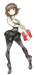  boots brown_hair crown_braid female full_body halter_top holding holding_book long_sleeves niijima_makoto pantyhose persona persona_5 plaid_skirt rafchu red_eyes short_hair simple_background skirt smug solo standing turtleneck 