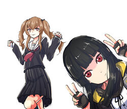  2girls commentary_request cosplay costume_switch enma_ai fingerless_gloves ghgnvm girls&#039;_frontline gloves highres hood hoodie jigoku_shoujo multiple_girls noto_mamiko photoshop_(medium) scar scar_across_eye scar_on_face school_uniform twintails ump9_(girls&#039;_frontline) v voice_actor_connection 