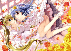  2girls absurdres ahoge aqua_eyes arms_around_neck ass bare_legs bare_shoulders black_dress blonde_hair blue_hair blush bow breasts brown_footwear clothing_cutout collarbone day dress elbow_gloves flower flower_bracelet frilled_dress frills fujima_takuya gloves hair_between_eyes hair_flower hair_ornament hairbow highres indoors jumping kagamihara_azumi knees_together_feet_apart large_breasts layered_dress light_blue_hair long_hair looking_at_viewer mary_janes multiple_girls navel navel_cutout official_art outstretched_hand parted_lips petals pink_bow pink_dress pink_flower pink_ribbon ponytail red_eyes red_flower red_rose ribbon rigel_(z/x) rose scan shoes side_slit small_breasts smile standing strapless strapless_dress sunlight tongue white_footwear window yellow_flower yellow_rose z/x 