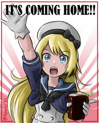  2018_fifa_world_cup admiral_paru alcohol beer blonde_hair blue_eyes blue_sailor_collar commentary cup dress drinking_glass england english_commentary english_text female gloves hat highres jervis_(kancolle) kantai_collection long_hair looking_at_viewer open_mouth poster_(medium) propaganda sailor_collar sailor_dress sailor_hat short_sleeves soccer solo twitter_username waving white_dress white_gloves white_hat world_cup 