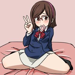  ass_visible_through_thighs black_socks blazer blush bow breasts brown_eyes brown_hair commentary_request condom condom_in_mouth female glasses gundam gundam_build_fighters hairband highres jacket kneehighs kousaka_china mouth_hold no_panties rountain school_uniform semi-rimless_eyewear skirt small_breasts socks solo spread_legs thick_thighs thighs 