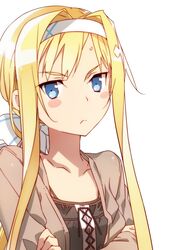  alice_zuberg bad_id bad_pixiv_id blonde_hair blue_eyes blush collarbone crossed_arms female headband highres long_hair looking_at_viewer simple_background solo standing sweatdrop sword_art_online sword_art_online:_alicization upper_body white_background yoru_kiri 