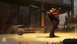  3boys 4girls ammunition arm_cannon armor artstation_sample bandolier barrel beard belt bodysuit bomber_jacket boots broken_bottle brown_gloves brown_hair brown_jacket cape carrying cart cassidy_(overwatch) center_opening chair chaps cigar commentary cowboy cowboy_hat cowboy_western d.va_(overwatch) drone english_commentary facial_hair floating full_armor full_body glasses gloves goggles grabbing_another&#039;s_hair gun hair_bun hair_ornament hair_stick hand_on_head hand_on_headwear handgun hat head-mounted_display helmet highres holster image_sample jacket kan_liu_(666k) knee_pads machinery mechanical_arms mei_(overwatch) meka_(overwatch) michael_jackson moustache mouth_hold multiple_boys multiple_girls overwatch overwatch_1 pants parody photoshop_(medium) piggyback plant plate plate_armor pointing poncho ponytail pose purple_hair real_life real_life_insert red_cape reinhardt_(overwatch) revolver robot shards short_hair short_sleeves single_hair_bun single_mechanical_arm sleeves_rolled_up smoking smooth_criminal snowflake_hair_ornament spiked_hair spikes standing symmetra_(overwatch) tire torbjorn_(overwatch) tracer_(overwatch) vambraces weapon widowmaker_(overwatch) 