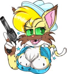  2018 alpha_channel anthro big_breasts big_ears blonde_hair bobcat breasts cleavage clothed clothing cowboy_hat dixie_mae_carlisle_(character) felid feline female froggywithfries fur green_eyes gun hair hat headgear headwear hi_res looking_at_viewer lynx mammal open_mouth ranged_weapon redneck smile solo southern weapon yellow_body yellow_fur 