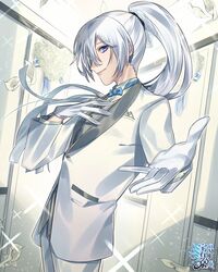  1boy bad_id bad_pixiv_id blue_bow blue_bowtie bow bowtie copyright_name cowboy_shot formal gloves hair_between_eyes hand_up indoors long_hair long_sleeves male_focus official_art omc outstretched_hand ponytail smile standing suit watermark white_gloves white_hair white_suit white_theme wreath yoshitatsu 