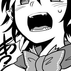  bad_id bad_pixiv_id bow bowtie close-up commentary_request d: fangs female greyscale kijin_seija monochrome multicolored_hair open_mouth pointy_ears shikushiku_(amamori_weekly) short_hair slit_pupils solo sound_effects_only streaked_hair sweatdrop touhou translated 