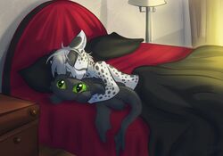  a_story_with_a_known_end anthro bed black_body cheetah daww dreamworks felid feline fur furniture green_eyes grey_hair hair hi_res how_to_train_your_dragon male mammal markings morning plushie ripli sint_(hfd4) sleeping spots spotted_body spotted_fur tail toothless white_body white_fur 