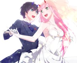  1boy bare_shoulders black_hair black_suit blue_eyes blue_horns breasts bridal_veil cleavage collarbone commentary_request couple darling_in_the_franxx dress elbow_gloves female formal gloves green_eyes highres hiro_(darling_in_the_franxx) holding_hands horns leje39 long_hair looking_back necktie oerba_yun_fang oni_horns open_clothes open_mouth pink_hair protected_link purple_necktie red_horns sleeveless sleeveless_dress straight suit veil wedding_dress white_dress white_gloves zero_two_(darling_in_the_franxx) 