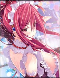  apron artist_request blush breasts female gloves hair_ornament hair_ribbon hair_up hand_in_own_hair huge_breasts jewelry long_hair maid maid_apron maid_headdress necklace official_art open_mouth pearl_necklace phantom_of_the_kill ponytail red_eyes red_hair ribbon shekinah_(phantom_of_the_kill) 