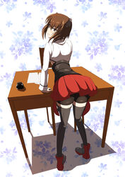  absurdres brown_eyes brown_hair commentary_request desk female floral_background from_behind headgear highres ink_bottle kantai_collection looking_at_viewer looking_back megane_jigoku parted_lips short_hair solo taihou_(kancolle) thighhighs 