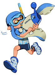  bike_shorts blue_footwear blue_hair boots commentary_request fangs female full_body goggles gun inkling inkling_girl inkling_player_character luna_blaster_(splatoon) mask monster_girl motion_lines open_mouth pointy_ears polka_dot smile snorkel solo splatoon_(series) splatoon_1 tentacle_hair viibean weapon yellow_eyes 