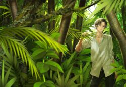  1boy black_pants brown_eyes brown_hair collarbone commentary_request day forest green_theme leaf looking_at_viewer male_focus minamibe moss nature original outdoors pants shirt solo standing tree white_shirt 