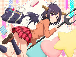  arrow_background bad_deviantart_id bad_id bag cardigan cellphone checkered_background demon_girl demon_horns demon_wings earphones earphones_removed female floating gabriel_dropout hair_ornament hairclip heart highres horns ishida_seito long_sleeves looking_back notebook panda pen pencil_case phone photoshop_(medium) pleated_skirt polearm purple_eyes purple_hair school_bag school_uniform skirt smile solo star_(symbol) topknot trident vignette_tsukinose_april weapon wings x_hair_ornament 